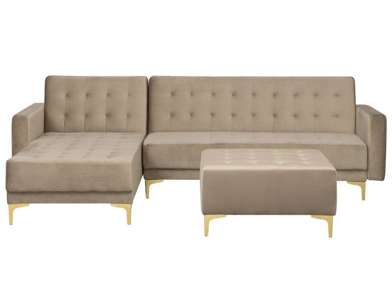 Sofa narożna z otomaną Aberdeen Welur Piaskowy Prawostronny 1 kpl