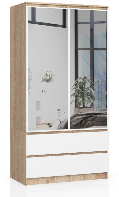 Szafa Akord S90 Dąb Sonoma 90 cm z lustrem 2 drzwi 2 szuflady kolor Biały mat 4 półki 90x51x180 cm 1 szt.