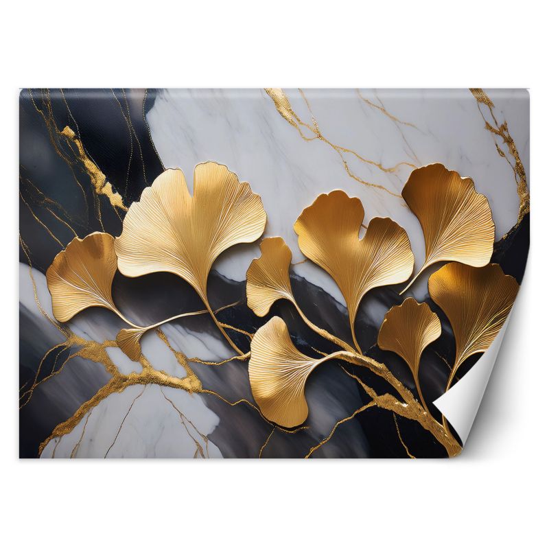 Fototapeta Feeby Kwiaty Ginko Botanika Marmur Szaro Złoty 200x140 1 szt