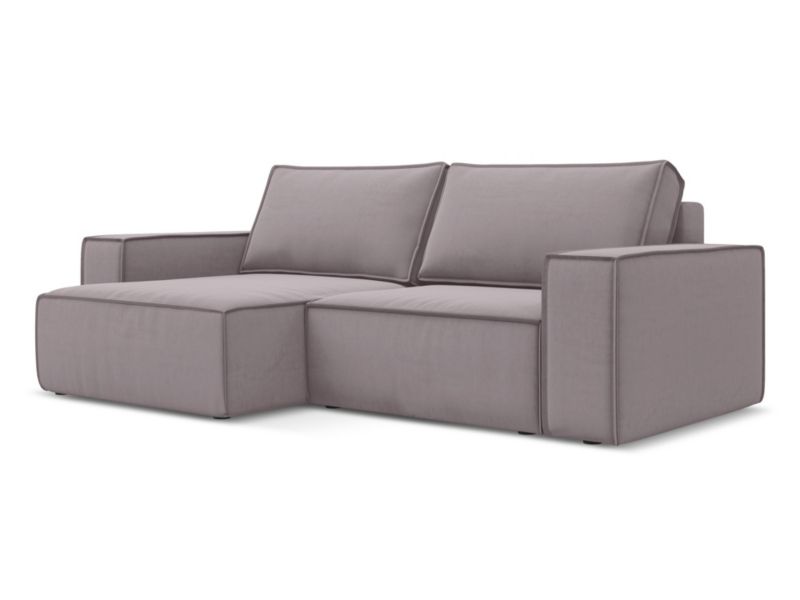 Narożnik lewostronny z funkcją spania Makamii Kimo z weluru 257x148 cm lawendowy 1 szt.