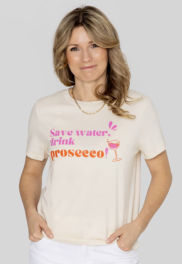 T-Shirt mit dem Aufdruck „Save Water, Drink Prosecco“ – Melange-Beige