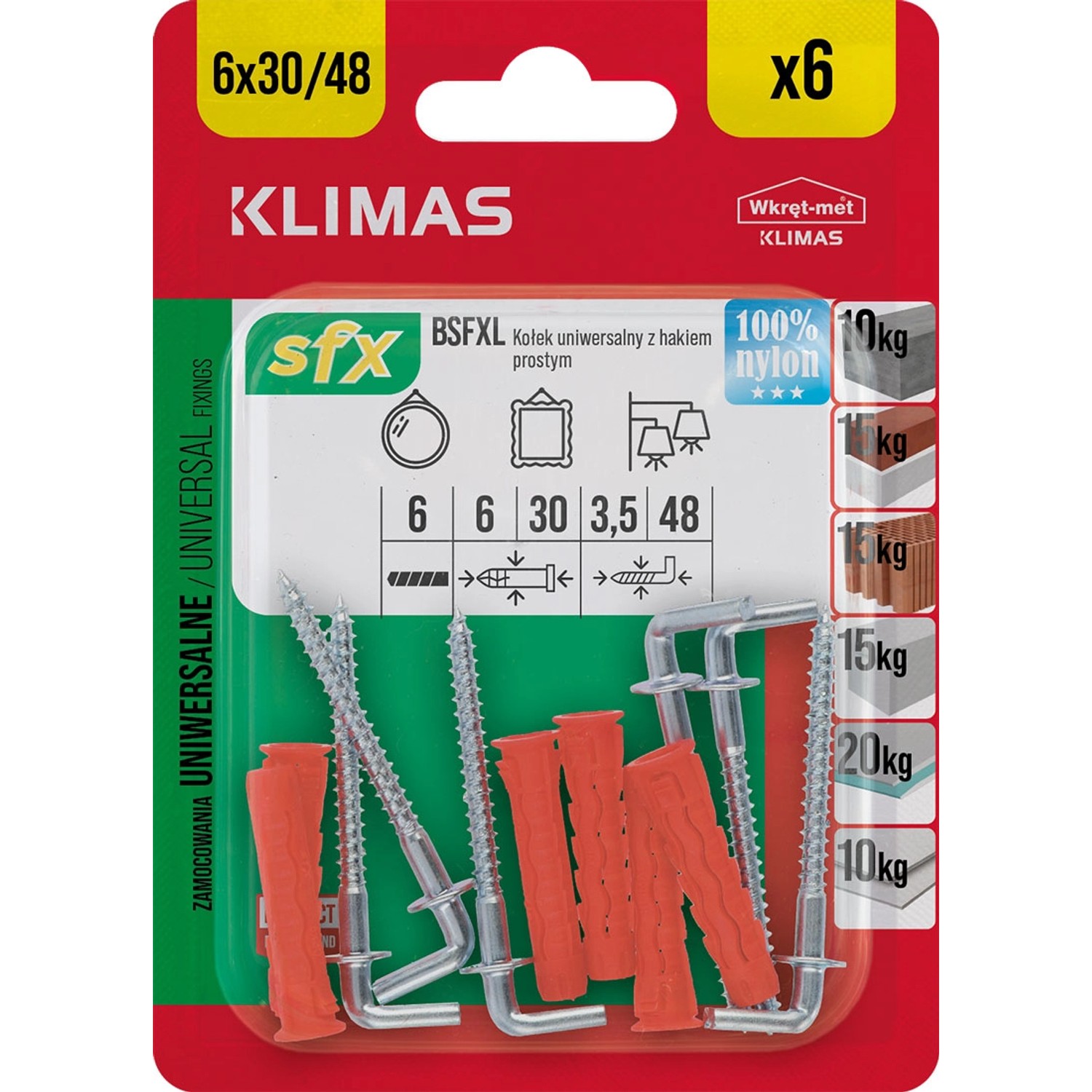 Wkręt-met Kołek SFX uniwersalny 6x30mm z hakiem kątowym 6szt