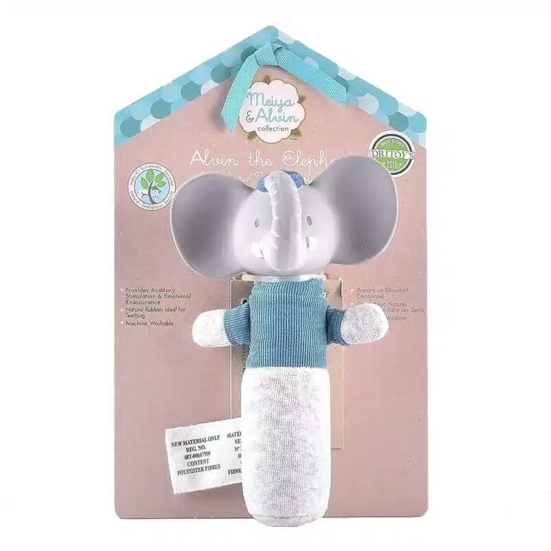 Grzechotka miękka z gryzakiem z organicznego kauczuku Hevea Alvin Elephant BBTB