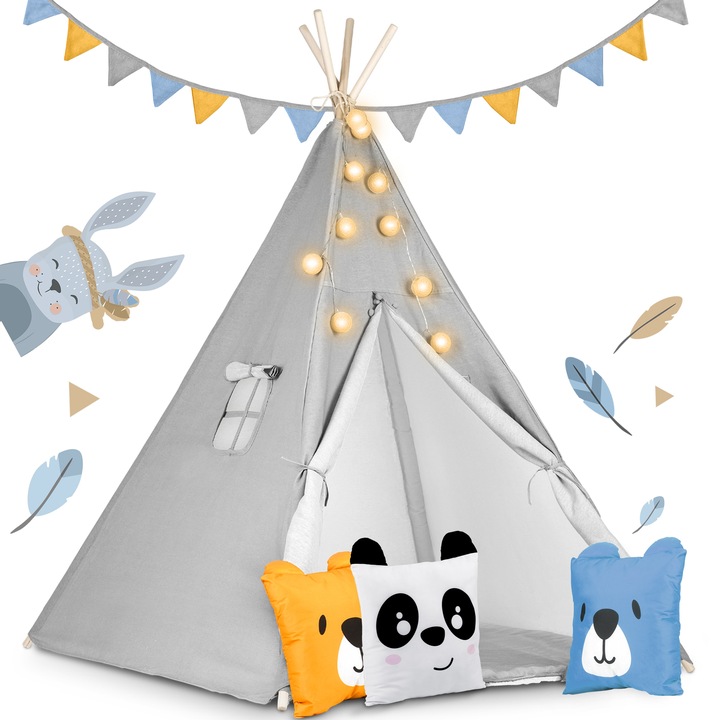 Namiot tipi szary + poduszki + lampki led AL