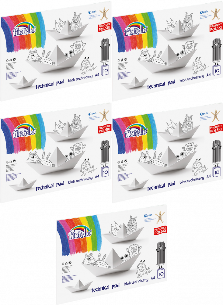 5x Blok techniczny Fiorello, A4, 10 kartek, biały