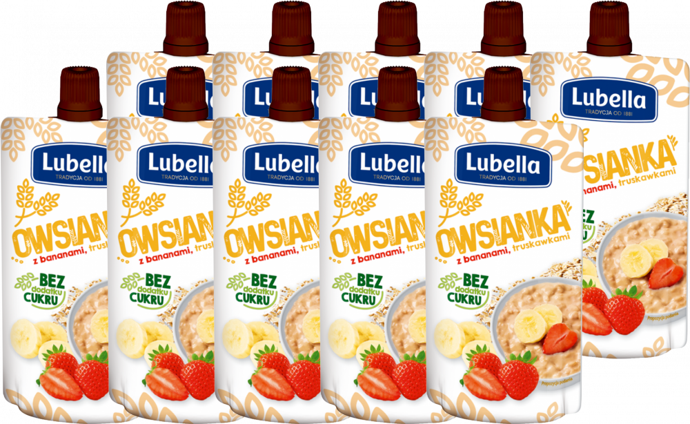10x Mus owsianka Lubella, truskawka, banan, bez cukru, 100g