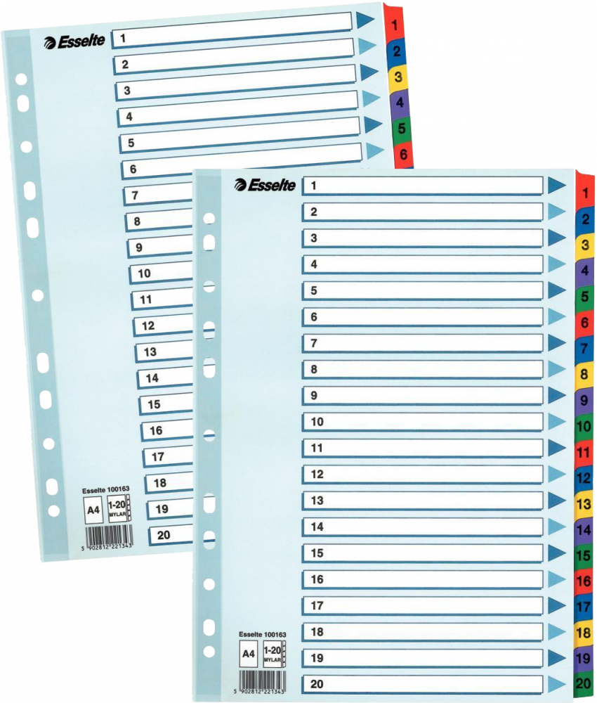 2x Przekładki do segregatora Esselte Mylar, kartonowe, numeryczne, A4, 1-20 kart, mix kolorów