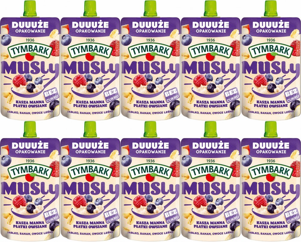 10x Mus Tymbark Musly kasza manna i płatki owsiane, owoce leśne, bez cukru, 170g