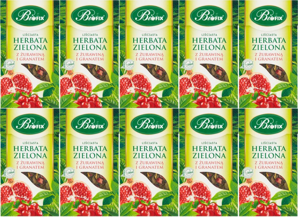 10x Herbata zielona liściasta BiFix, z żurawiną i granatem, 100g
