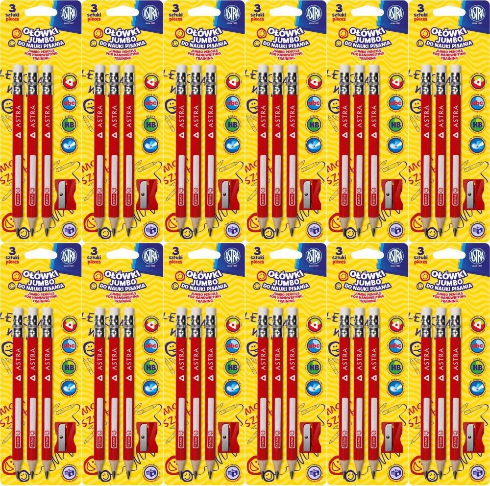 12x Ołówek do nauki pisana Astra Jumbo, z gumką, HB, trójkątny , 3 sztuki + temperówka