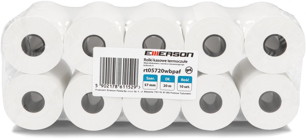 Rolka termiczna Emerson, 57mm x 20m, 50+/- 6g/m2, BPA Free, 10 sztuk, biały