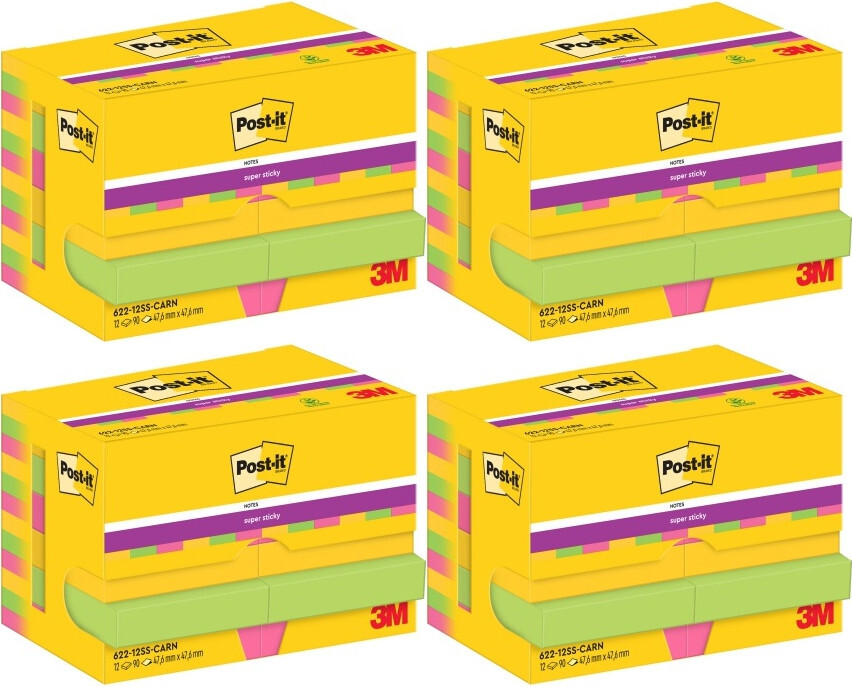 4x Karteczki samoprzylepne Post-it Super Sticky, 47.6x47.6mm, 12x90 karteczek, paleta Carnival, mix kolorów