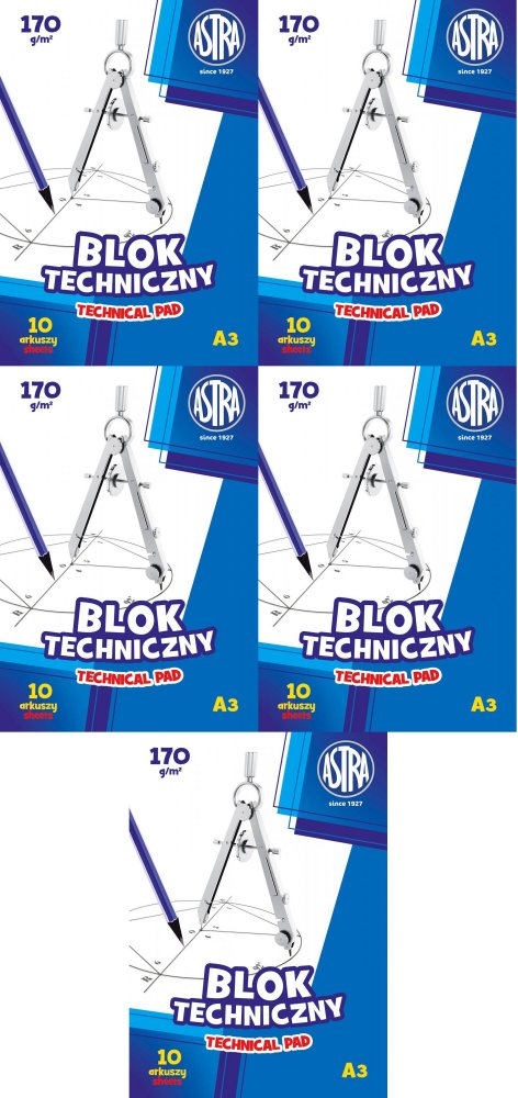 5x Blok techniczny Astra, A3, 10 kartek, biały