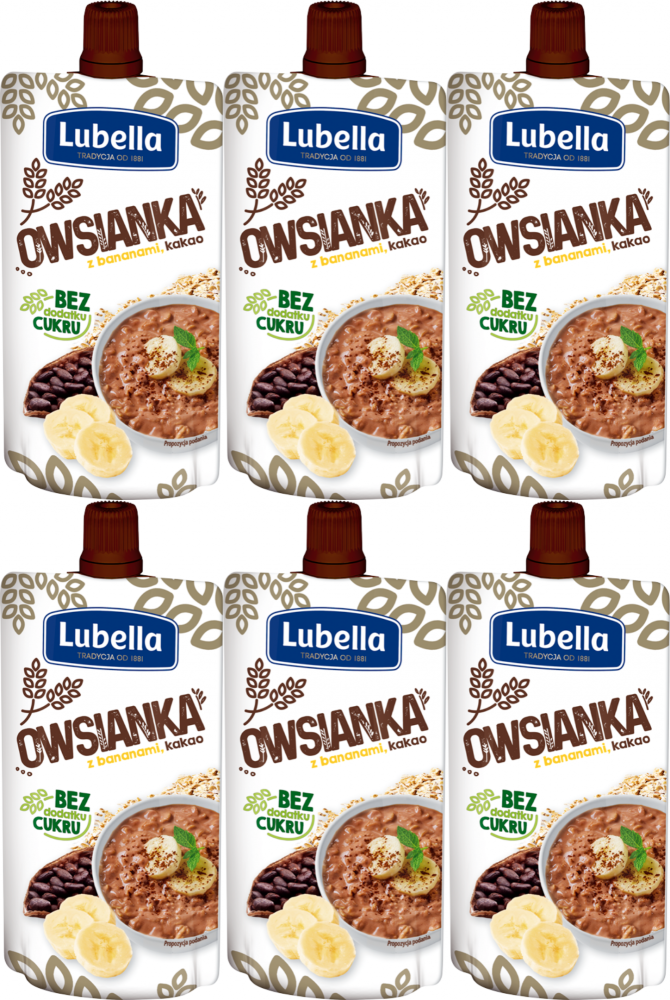 6x Mus owsianka Lubella, banan, kakao, bez cukru, 100g