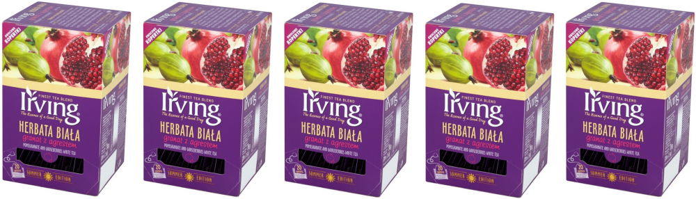 5x Herbata biała smakowa w kopertach Irving, granat z agrestem, 20sztuk x 1.5g