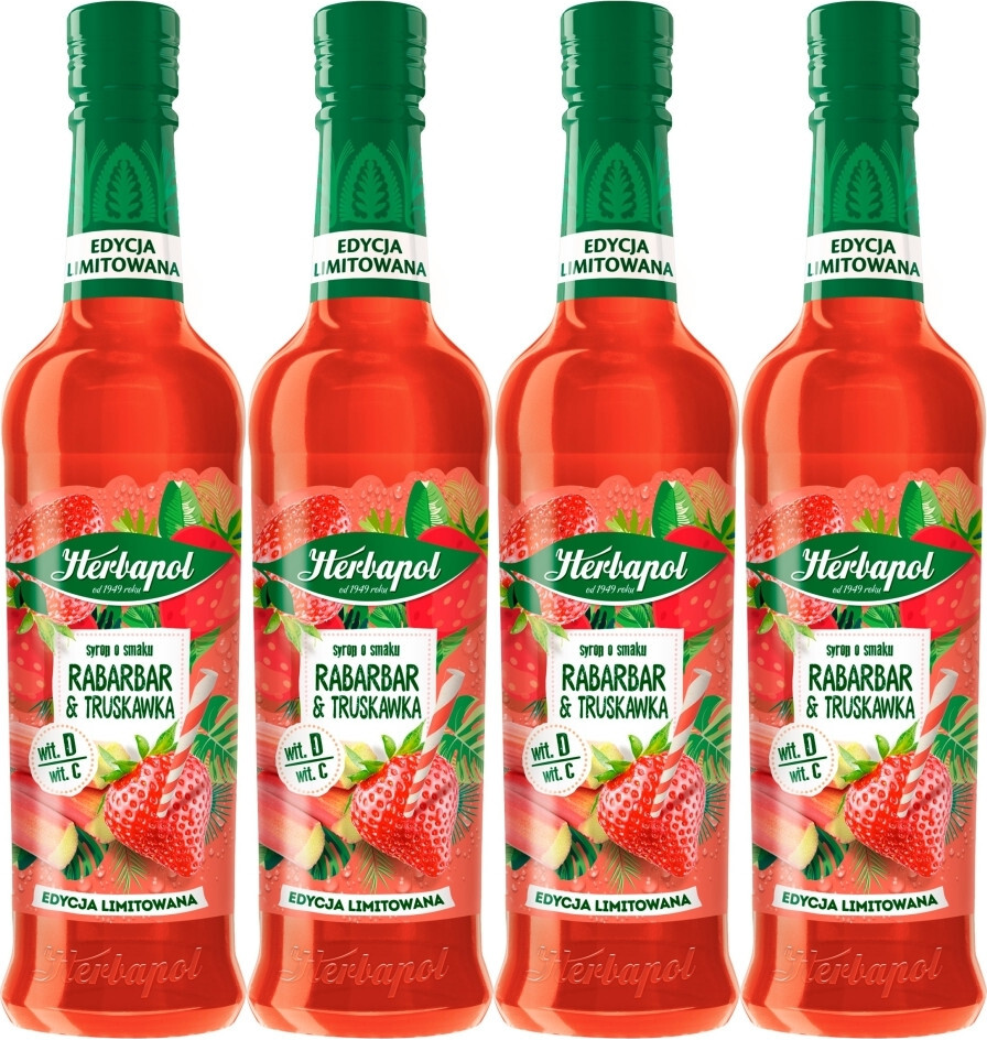 4x Syrop Herbapol Sezonowe Smaki, rabarbar i truskawka, 420ml