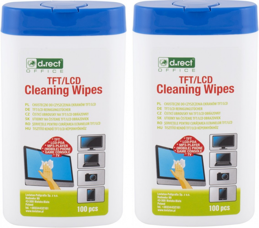 2x chusteczki nawilżone do czyszczenia ekranów TFT/LCD D.Rect, tuba, 100 sztuk