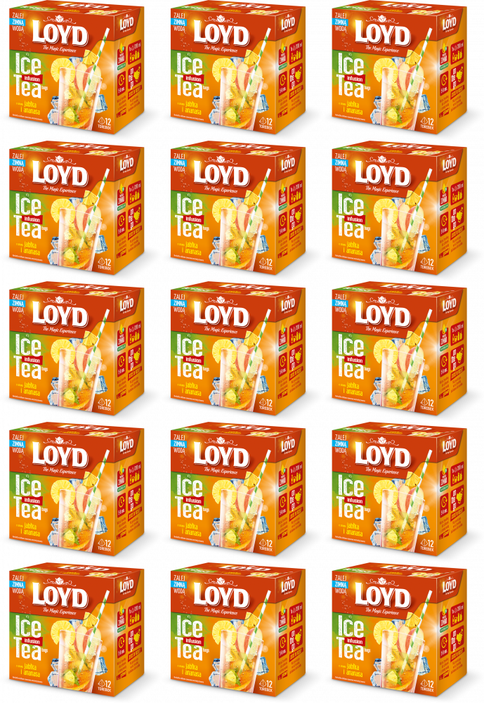 15x Herbata owocowa w piramidkach Loyd Ice Tea, jabłko/ananas, 12 sztuk x 2.5g