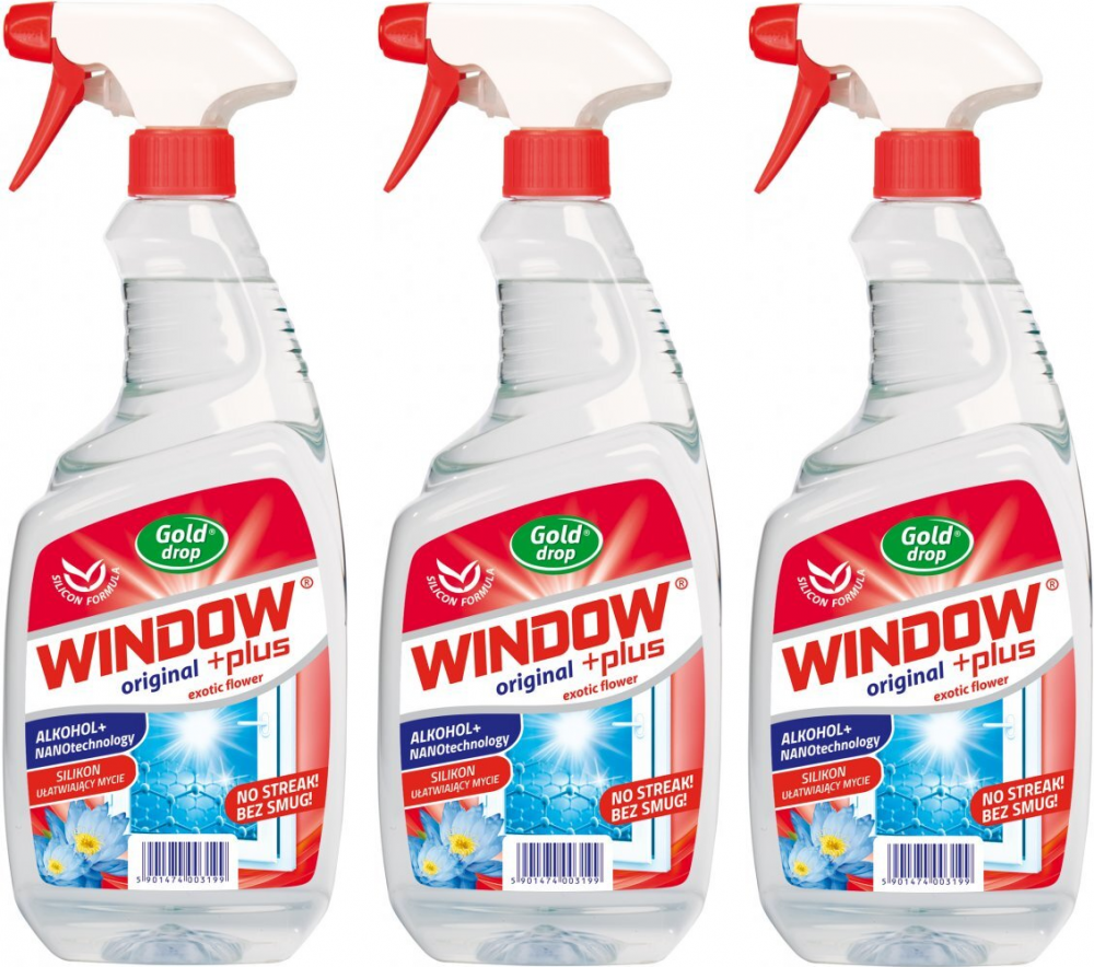 3x płyn do mycia szyb i luster Gold Drop Window Plus Nanotechnologia, z rozpylaczem, cytrynowo-kwiatowy, 750ml