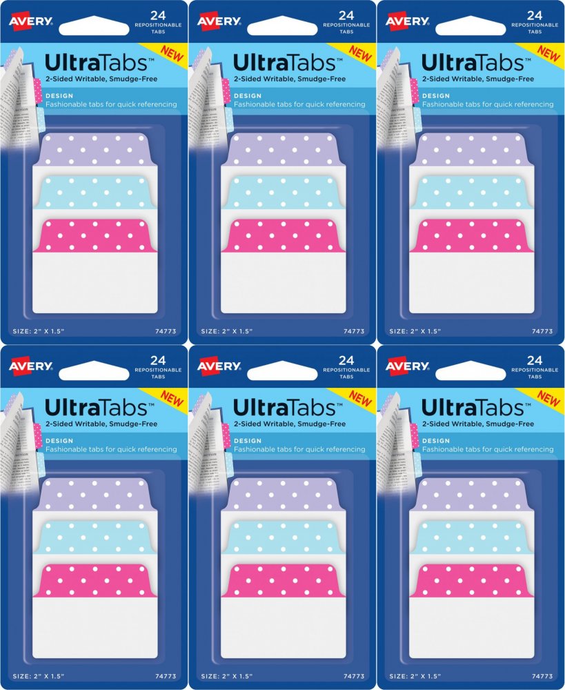 6x Zakładki samoprzylepne Avery Zweckform Ultra Tabs 74773, indeksujące ze wzorkami, folia, 50.8x38.1mm, 24 sztuki, mix kolorów