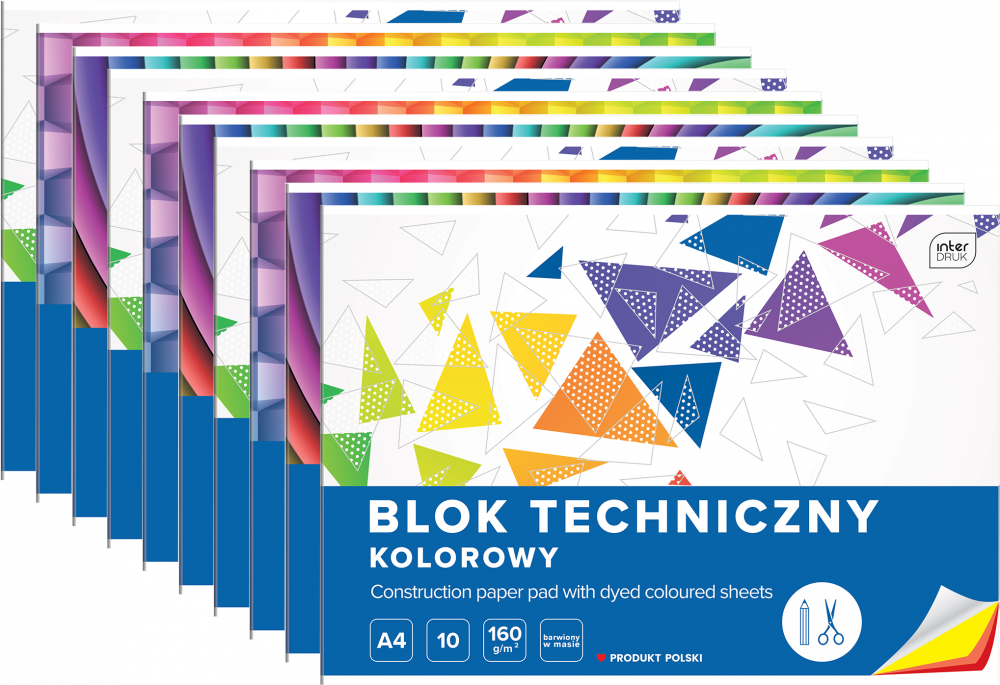 10x Blok techniczny Interdruk, A4, 10 kartek, kolorowy, barwiony w masie, mix wzorów