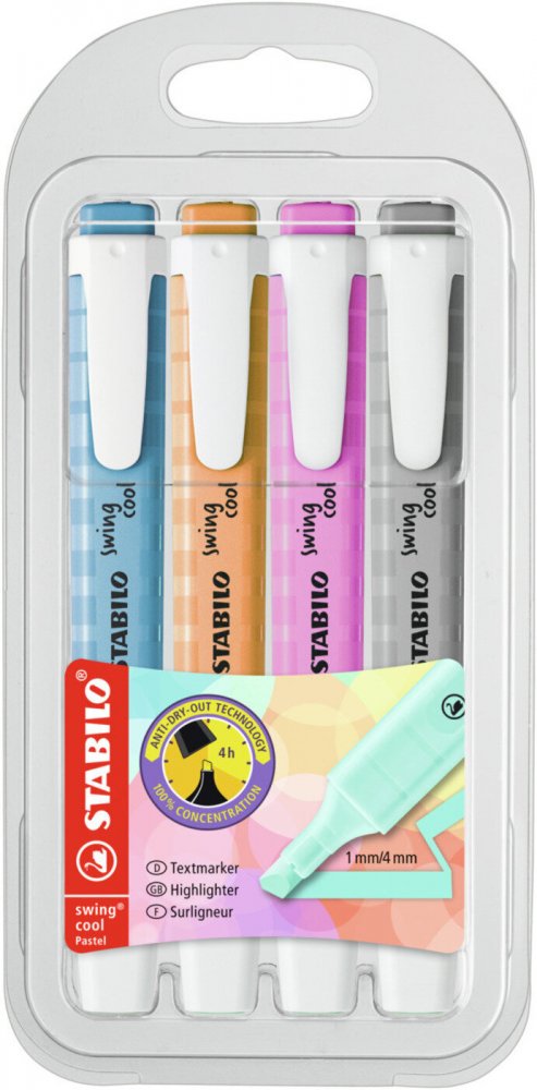 Zakreślacz Stabilo Swing Cool Pastel, ścięta, etui, 4 sztuki, mix kolorów pastelowych