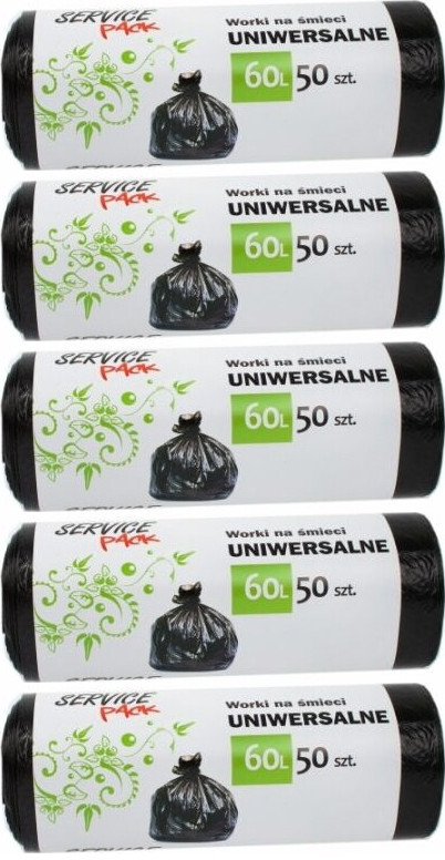 5x Worki na śmieci Service Pack, na odpady zmieszane, 60l, 50 sztuk, czarny
