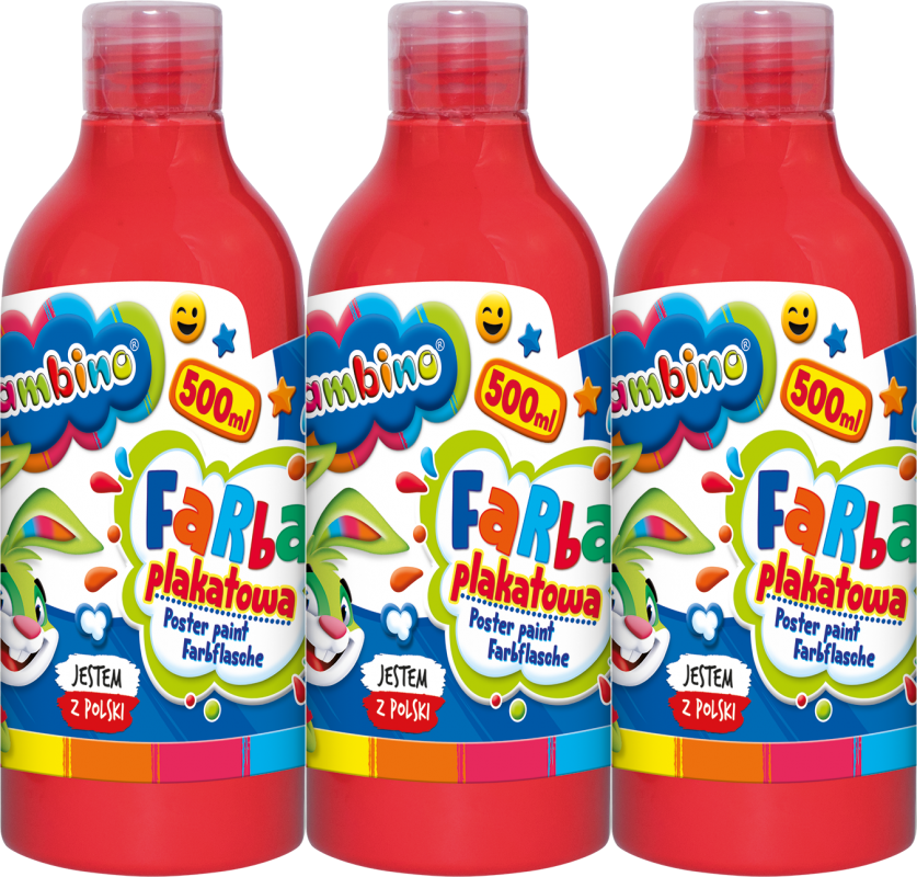 3x Farba plakatowa Bambino Zwierzaki Uczniaki, w butelce, 500ml, czerwony