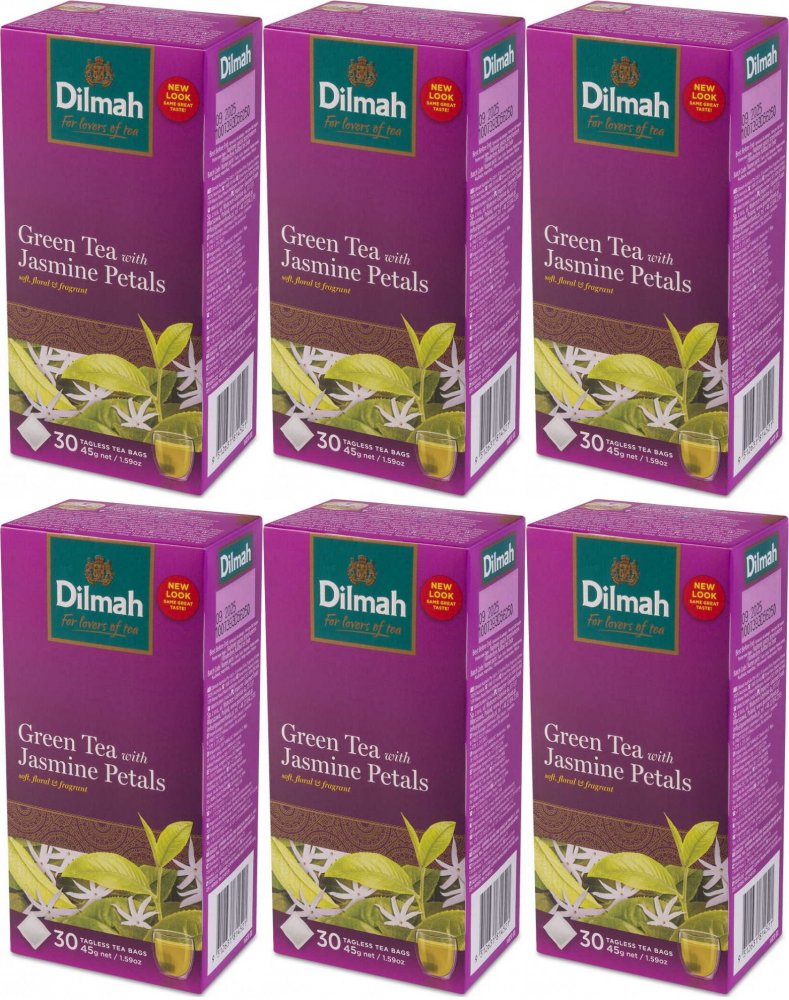 6x Herbata zielona smakowa w torebkach Dilmah Green Tea, z kwiatami jaśminu, 30 sztuk x 1.5g