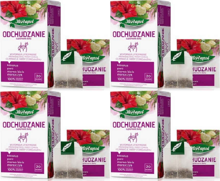4x Herbata funkcjonalna w torebkach Herbapol Odchudzanie, truskawkowo-malinowy, 20 sztuk x 2g