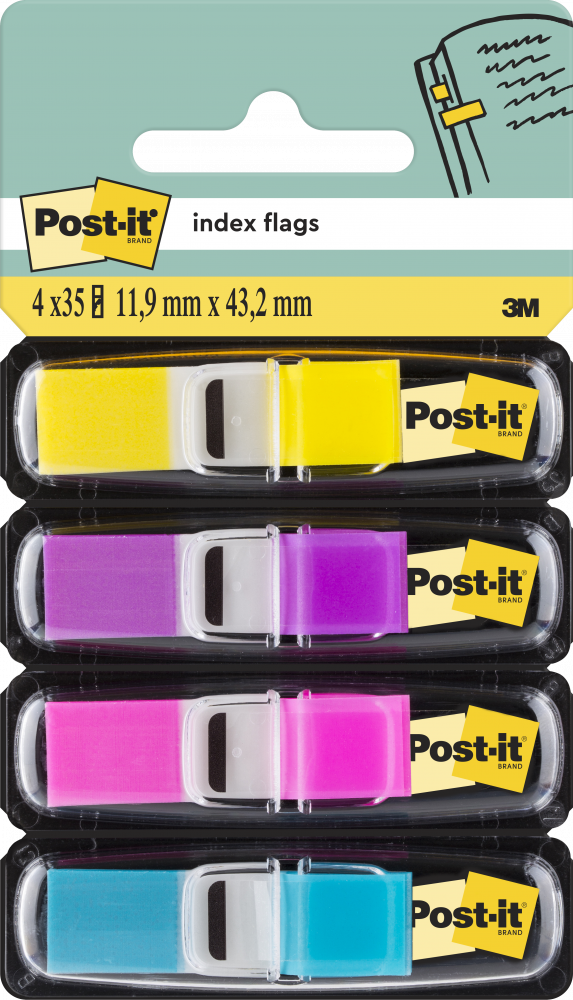 Zakładki samoprzylepne Post-it proste, indeksujące, folia, półtransparentne, 11.9x43.1mm, 4x35 sztuk, mix kolorów
