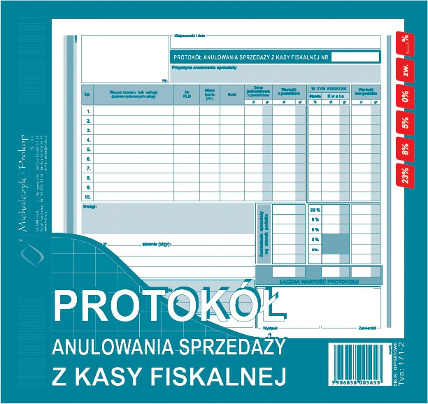 Protokół anulowania sprzedaży z kasy fiskalnej MiP 171-2, 2/3 A4, 80k