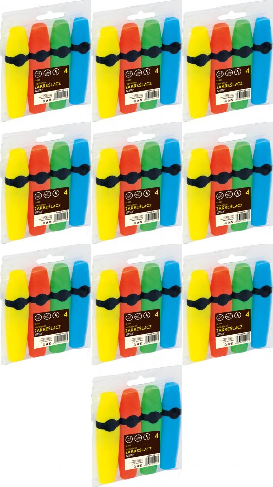 10x Zakreślacz Grand, GR-225, ścięta, 4 sztuki, mix kolorów