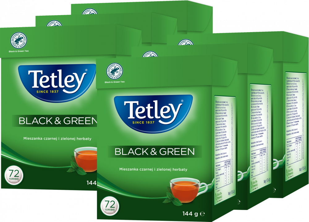 6x Herbata czarna/zielona w torebkach Tetley Black & Green, 72 sztuki x 2g