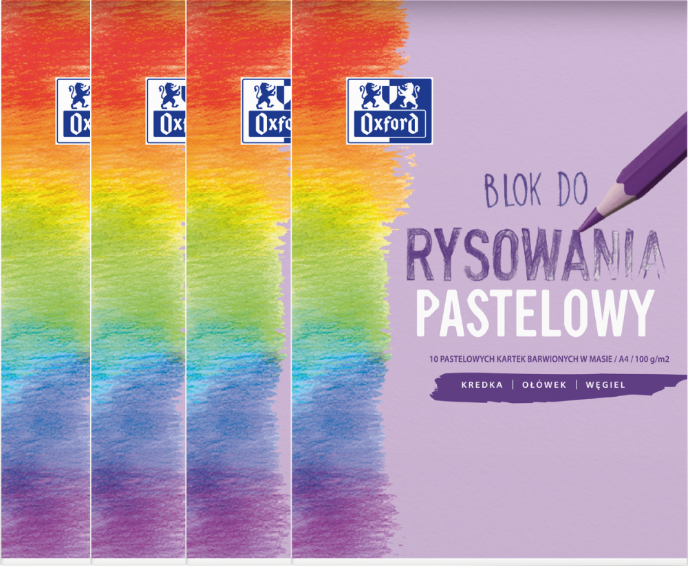 4x Blok rysunkowy pastelowy Oxford, A4, 10 kartek, kolorowy, 100g/m2