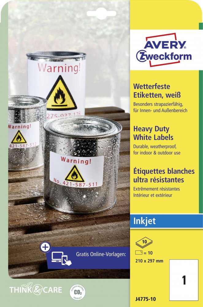 Etykiety poliestrowe Avery Zweckform Heavy Duty, wodoodporne, 210x297mm, 10 arkuszy, biały