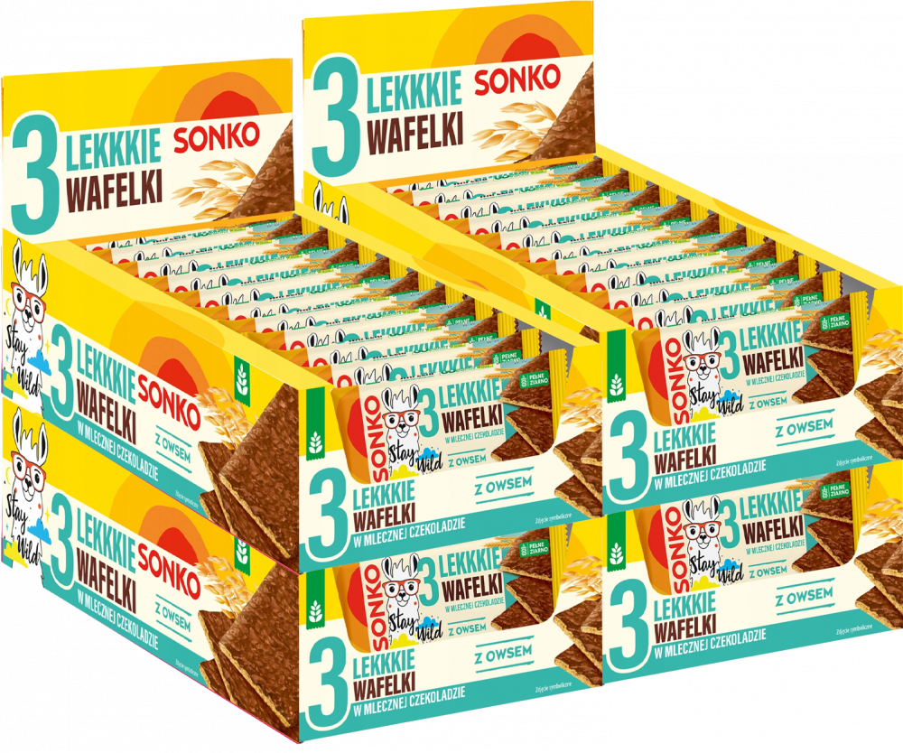 44x Lekkie wafelki Sonko, z owsem, w mlecznej czekoladzie, 3 sztuki, 36g