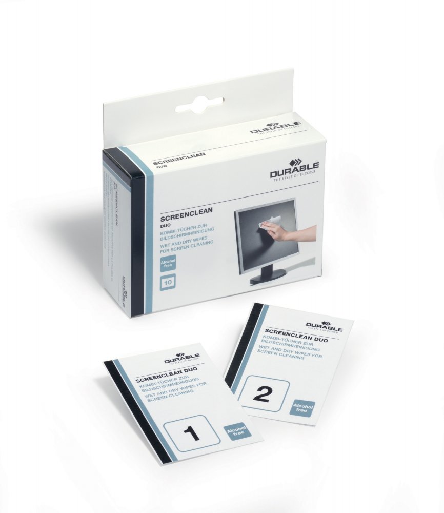 Chusteczki do czyszczenia ekranów, tabletów i laptopów Durable Screenclean Duo, 10x2 sztuki (suche i mokre), biały