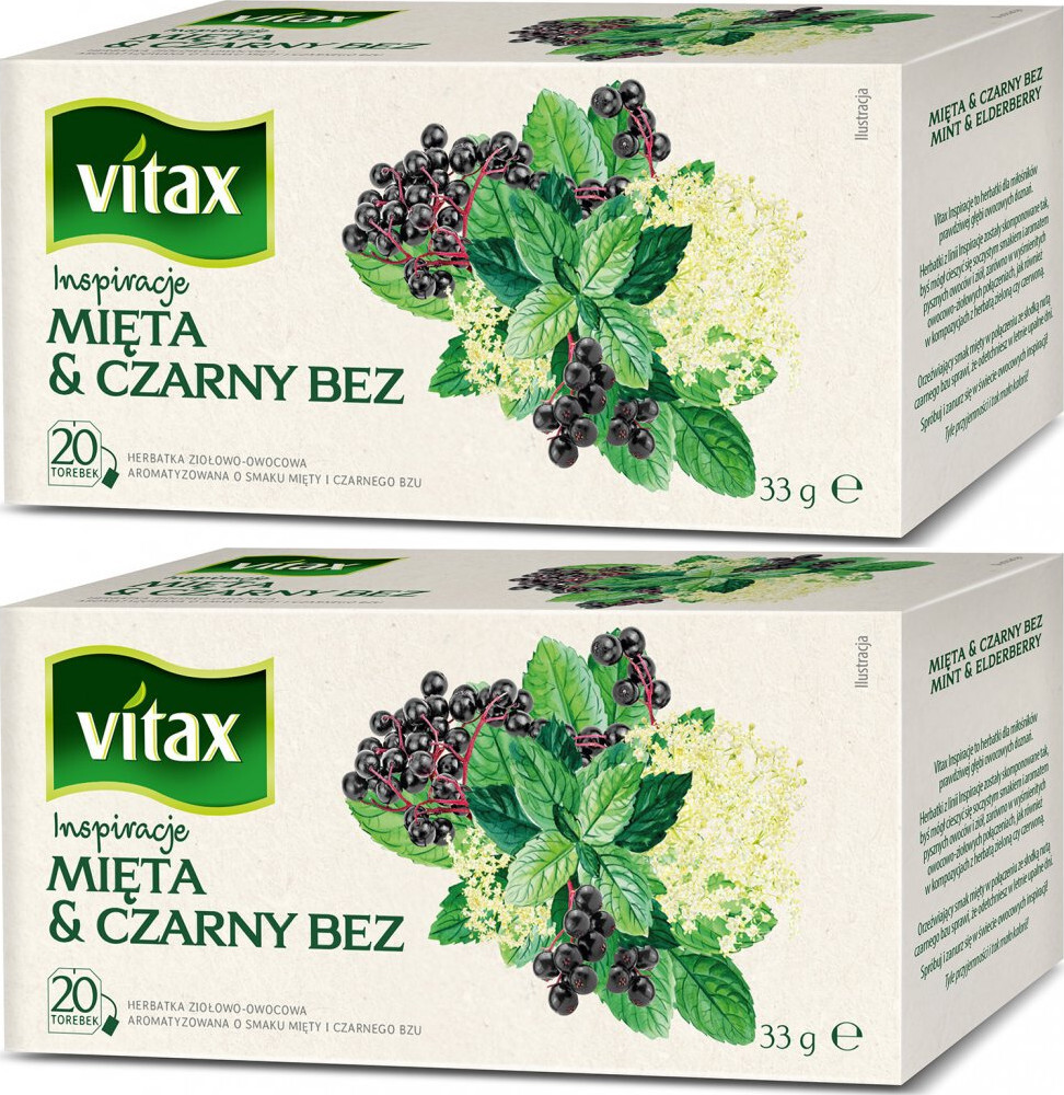 2x Herbata ziołowo-owocowa w torebkach Vitax Inspiracje, mięta & czarny bez, 20 sztuk x 1.65g