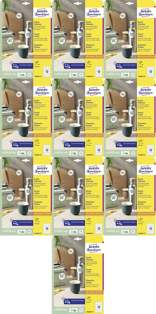 10x Etykiety samoprzylepne usuwalne Avery Zweckform, okrągłe, średnica 60mm, 10 arkuszy, 120 sztuk, biały