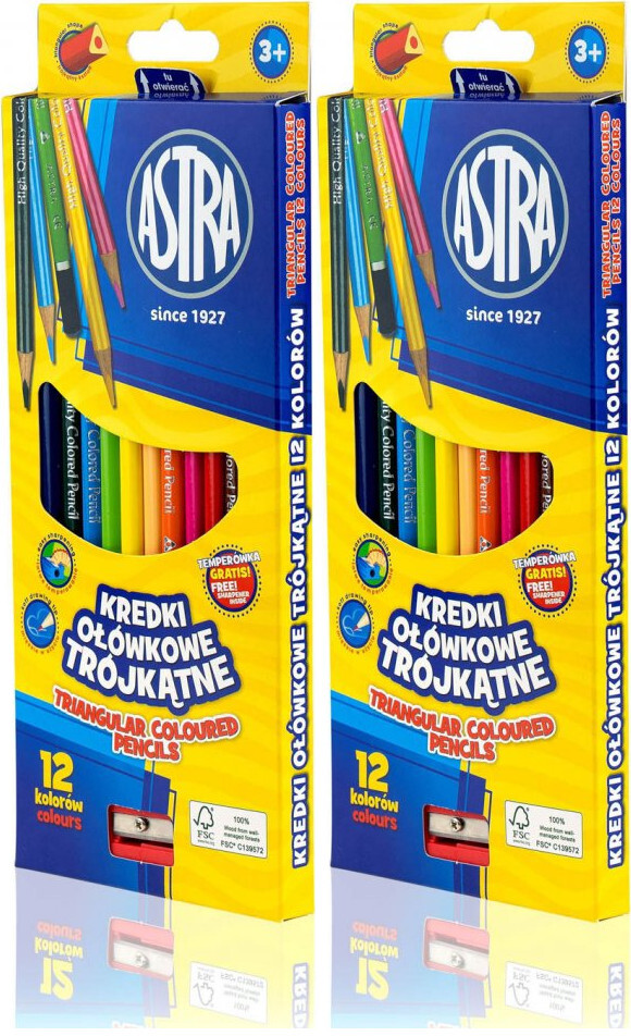 2x Kredki ołówkowe Astra, trójkątne, 12 sztuk+ temperówka, mix kolorów
