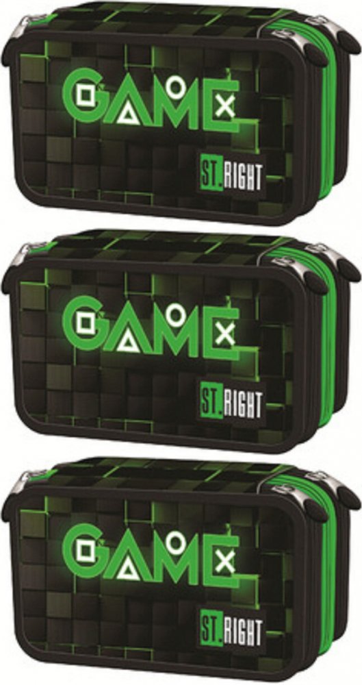 3x Piórnik szkolny St.Right PC5, 3-komorowy, z wyposażeniem, Green Game