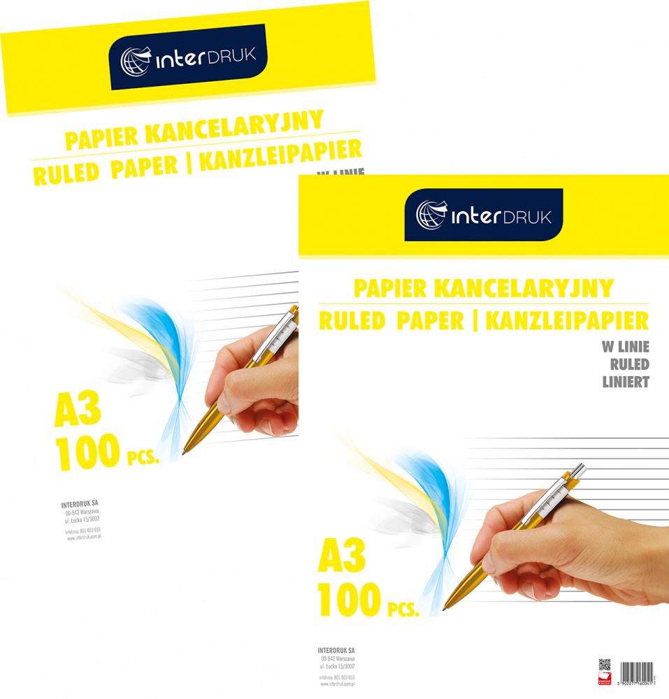 2x Papier kancelaryjny Interdruk, A3, w linie, 100 arkuszy