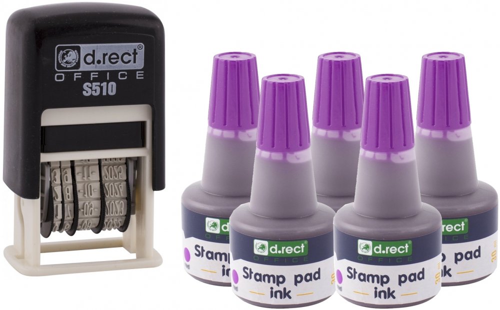 Zestaw: Datownik D.Rect S510, wersja cyfrowa + 5x Tusz do stempli D.Rect, 30ml, fioletowy