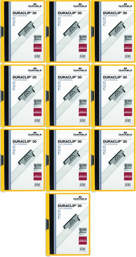 10x Skoroszyt plastikowy z klipsem Durable Duraclip, A4, do 30 kartek, żółty