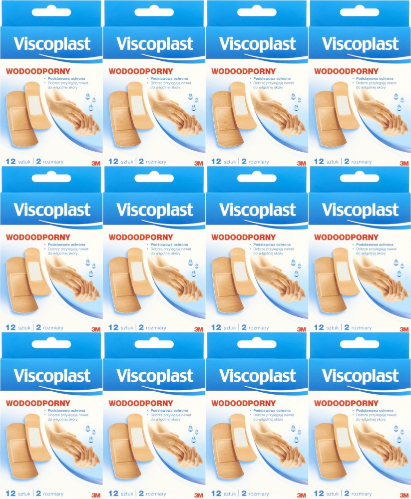 12x Zestaw plastrów opatrunkowych Viscoplast, wodoodporne, 12 sztuk, 2 rozmiary