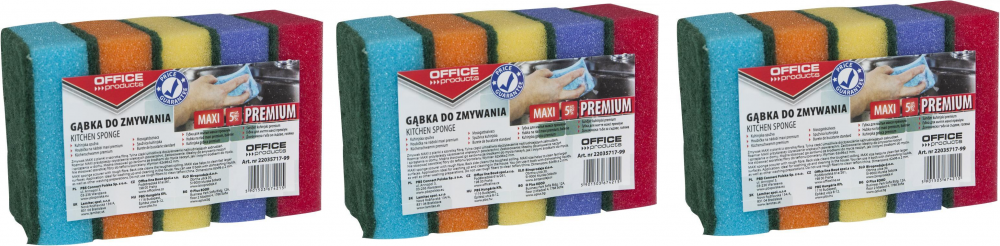 3x gąbka kuchenna Office Products Maxi Premium, 6.2x9.6cm, 5 sztuk, mix kolorów