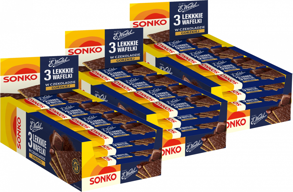 33x Lekkkie wafelki Sonko, w czekoladzie gorzkiej E.Wedel, 3 sztuki, 36g