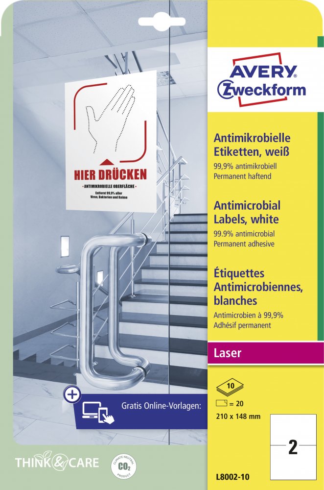 Folia samoprzylepna Avery Zweckform, z powierzchnią antydrobnoustrojową, 210x148mm, 10 arkuszy, biały