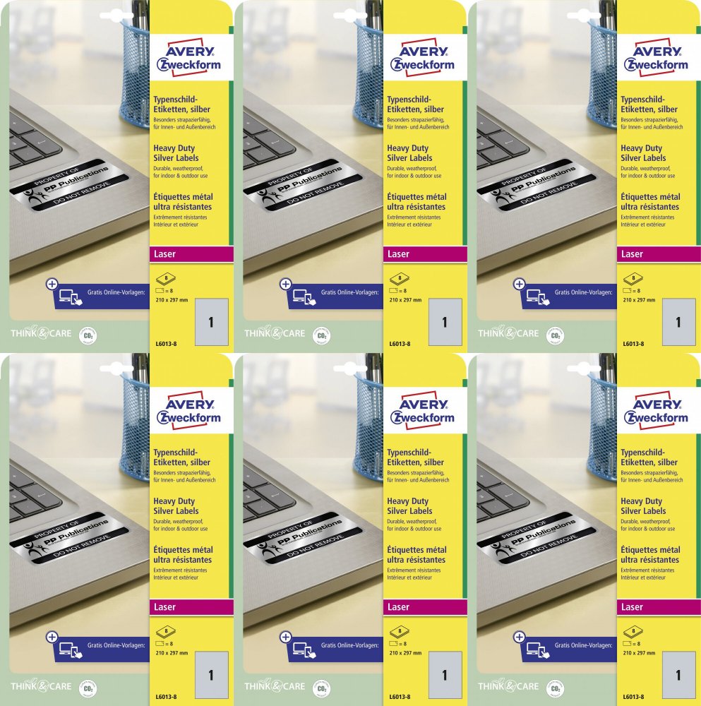 6x Etykiety znamionowe Avery Zweckform, 210x297mm, 8 arkuszy, srebrny